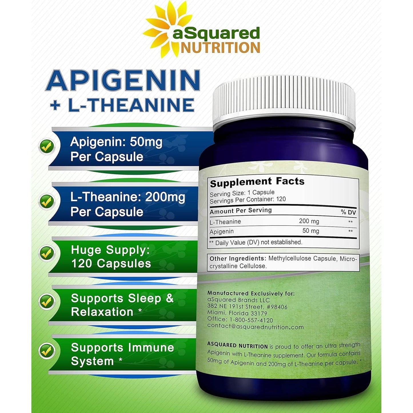 Asquared Nutrition Apigenin 50Mg & L-Theanine 200Mg - 120 Capsules