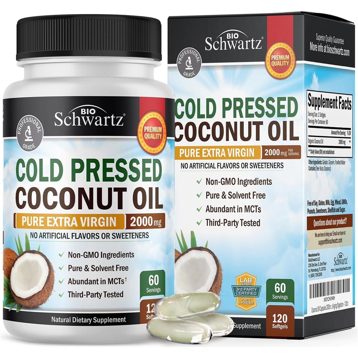Coconut Oil Capsules 2000Mg - Organic Pure Extra Virgin Unrefined Cold Pressed MCT Rich 120Count