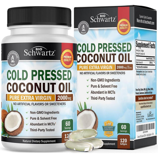 Coconut Oil Capsules 2000Mg - Organic Pure Extra Virgin Unrefined Cold Pressed MCT Rich 120Count