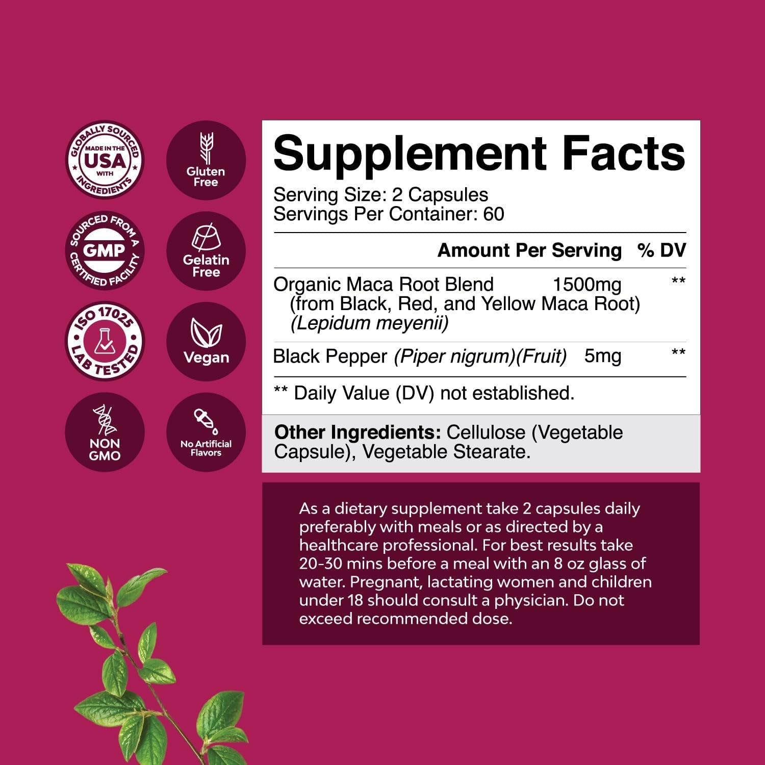 Organic Maca Root Capsules for Women - Non-Gmo Certified Vegan and Gluten-Free  - 120Ct