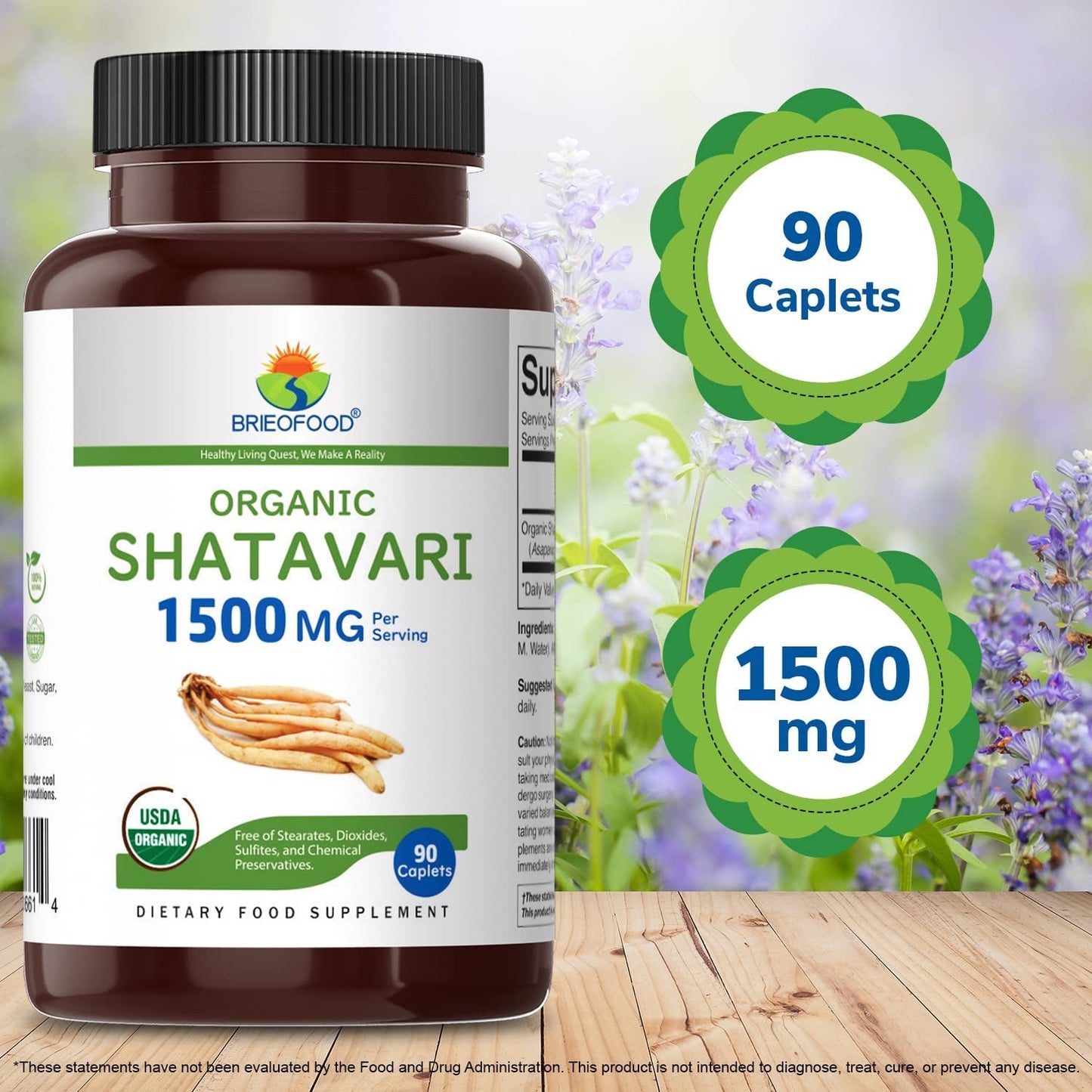 Brieofood Organic Shatavari 1500Mg, 45 Servings, Vegetarian, Gluten Free, 90 Vegetarian Tablets