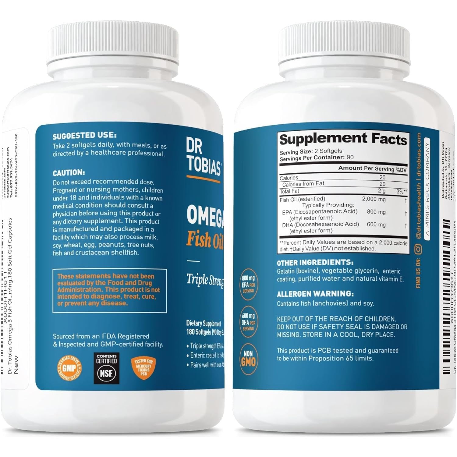 Dr. Tobias Omega 3 Fish Oil, 2000Mg Triple Strength with 800Mg EPA 600Mg DHA per Serving (90 Servings)