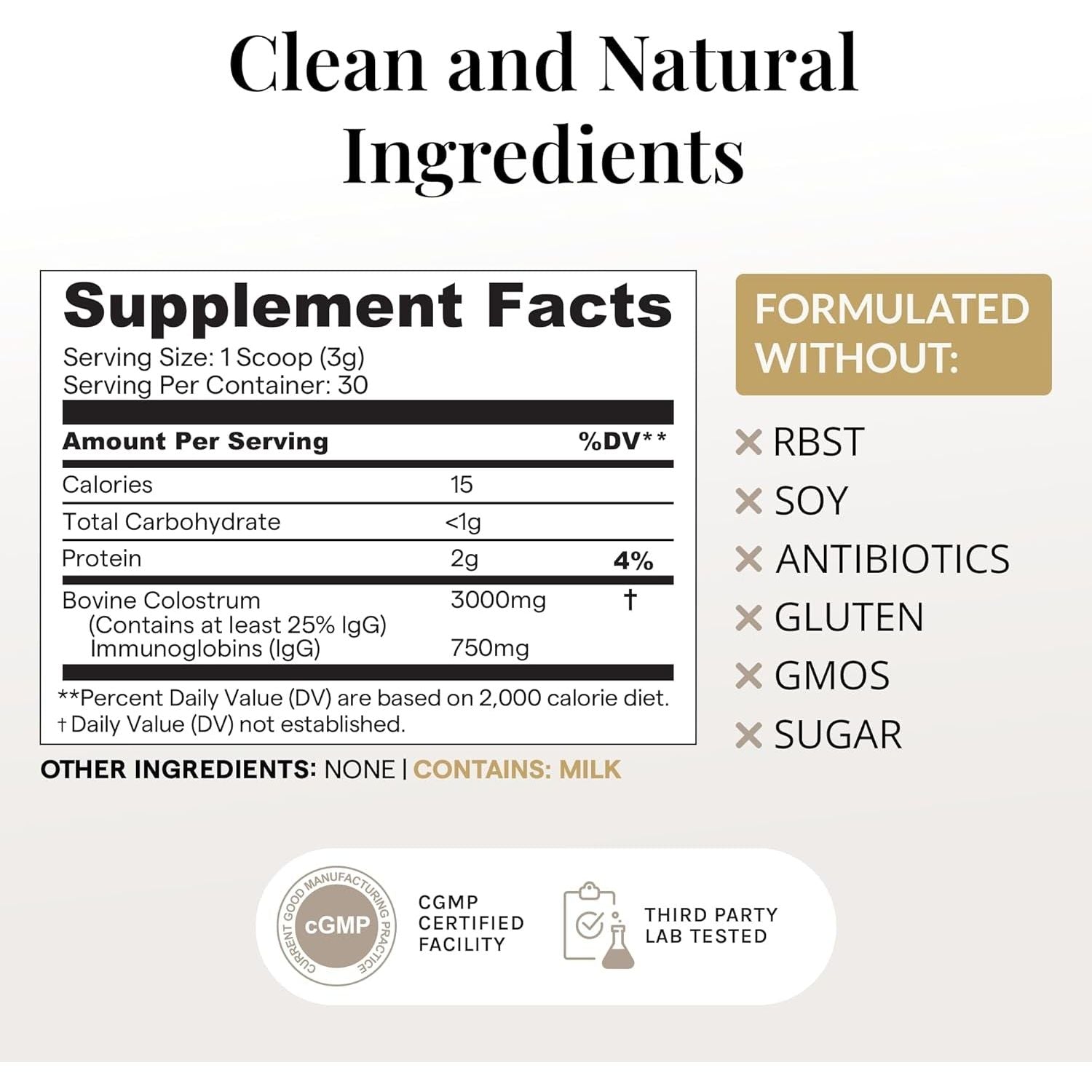 Colostrum Powder (Unflavored) for Gut Health, Immune Support Healthy Hair, Skin & Nails - 30 Servings