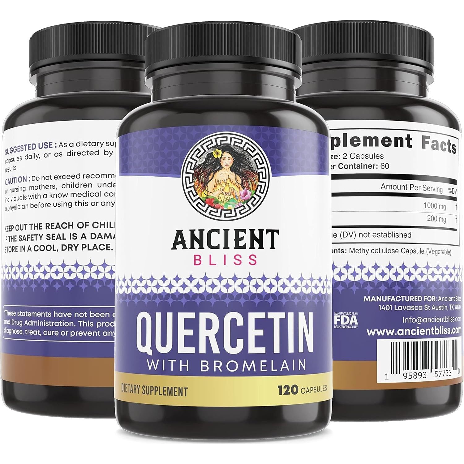 Ancient Bliss Quercetin with Bromelain Supports Immune System, Joint Health, Respiratory Health & Overall Well-Being – 120 Capsules