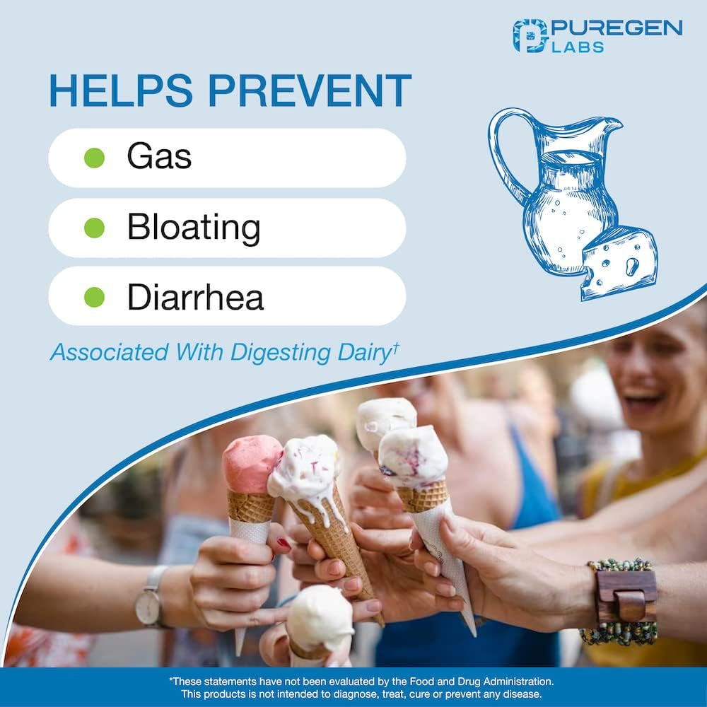 Puregen Labs Dairy Relief Fast Acting Lactase Enzyme 9000 FCC, Lactose Intolerance Pills 360 Tablets