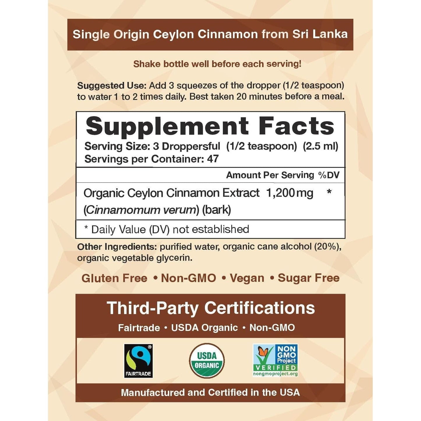 Cinnagold™ Organic Ceylon Cinnamon (100% Certified) Supplement, High-Potency Liquid Extract, 4 Oz. – Super Antioxidant