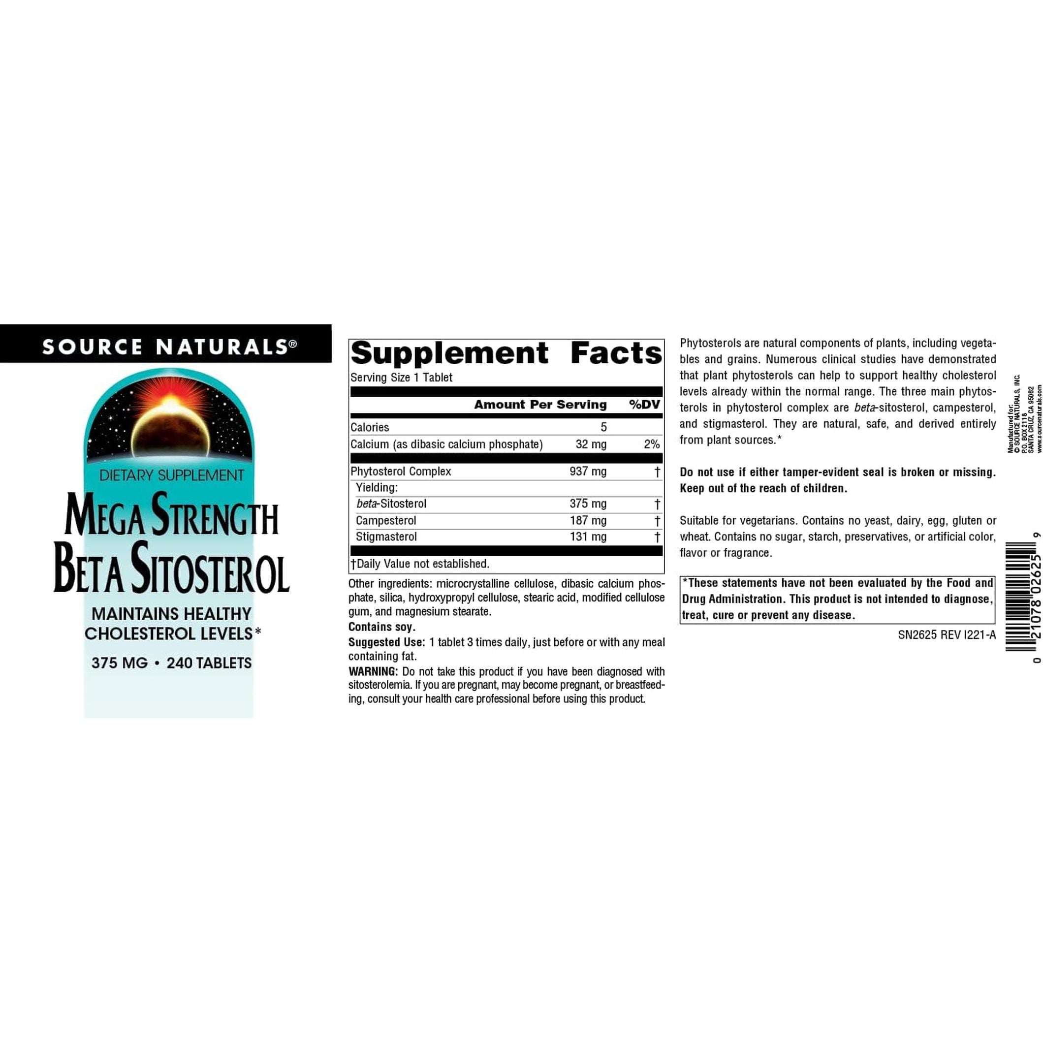 Source Naturals Mega Strength Beta Sitosterol, Plant Sourced, 375Mg - 240 Tablets