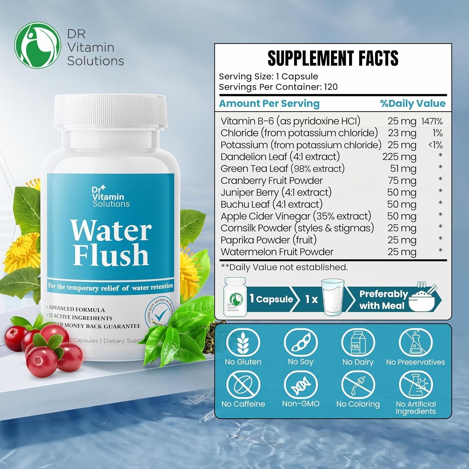Dr Vitamins Diuretic Water Pills for Weight Control - Instant Natural Relief from Bloat and Swelling 120 Caps