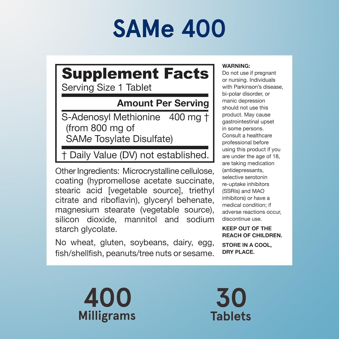 Jarrow Formulas Same 400 Mg, Supports Joint Health, Liver Function, Brain Metabolism, 30 Tablets
