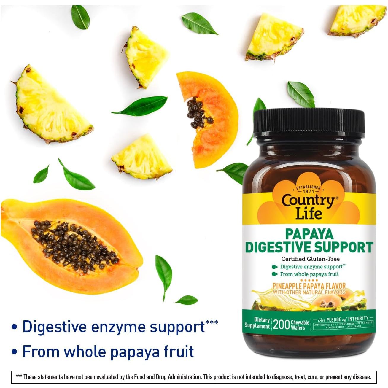 Country Life, Papaya Digestive Support, Daily Enzymes to Promote Digestive Health and Nutrient Absorption, 200 Count