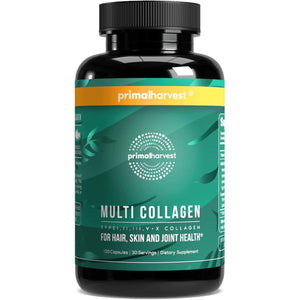 Primal Harvest Multi Collagen Pills for Women and Men (Type I, II, III, V, X) 120 Capsules W/Vitamin C