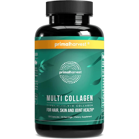 Primal Harvest Multi Collagen Pills for Women and Men (Type I, II, III, V, X) 120 Capsules W/Vitamin C