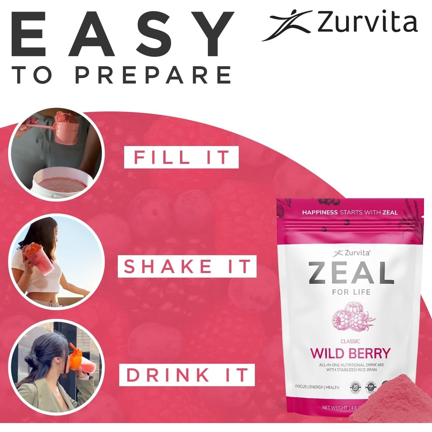 Zurvita - Zeal for Life 30-Day Wellness Bag - Nutritional Supplement for Vitality, Immunity, and Wellness - 420 Grams Wild Berry (Classic)