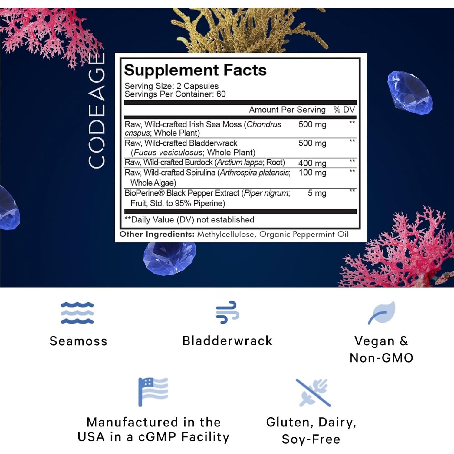 Codeage Raw Wildcrafted Irish Sea Moss Supplement, 120 Capsules