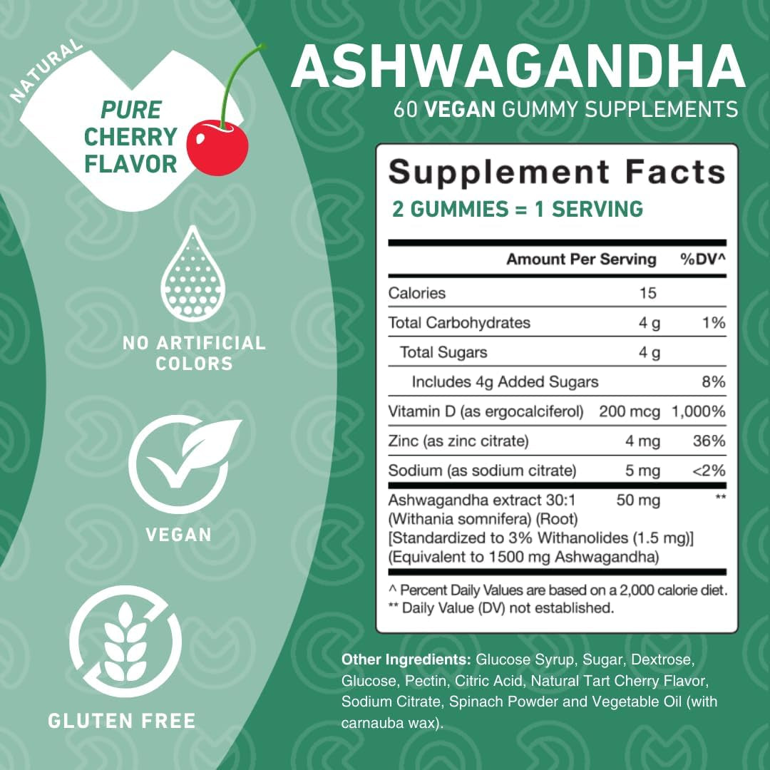 Ashwagandha Gummies with Vitamin D & Zinc – Supplement for Relaxation, Calming, and Mood Support 60 Count