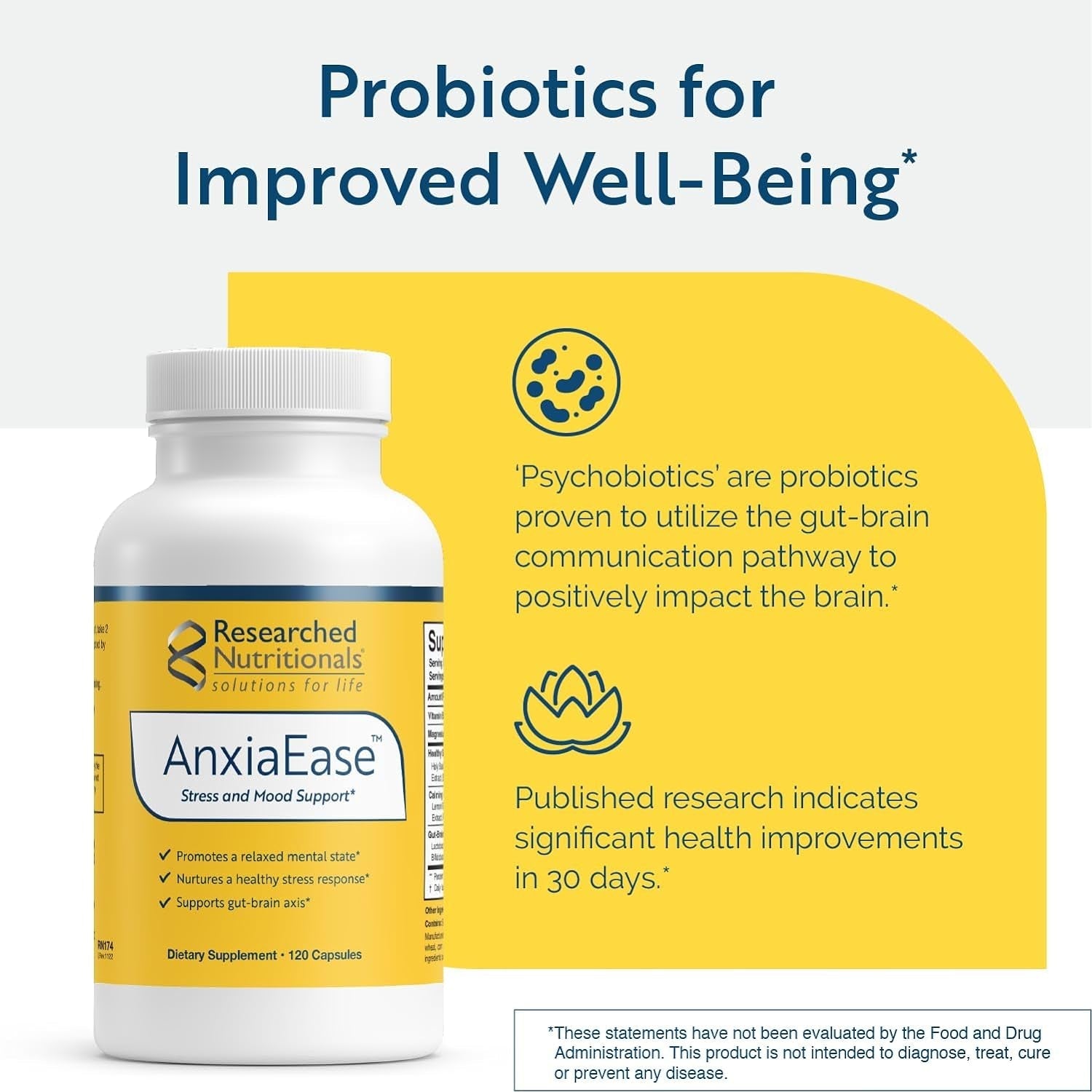 Researched Nutritionals Anxiaease - Stress, Cortisol Management & Mood Support Supplement (120 Capsules)