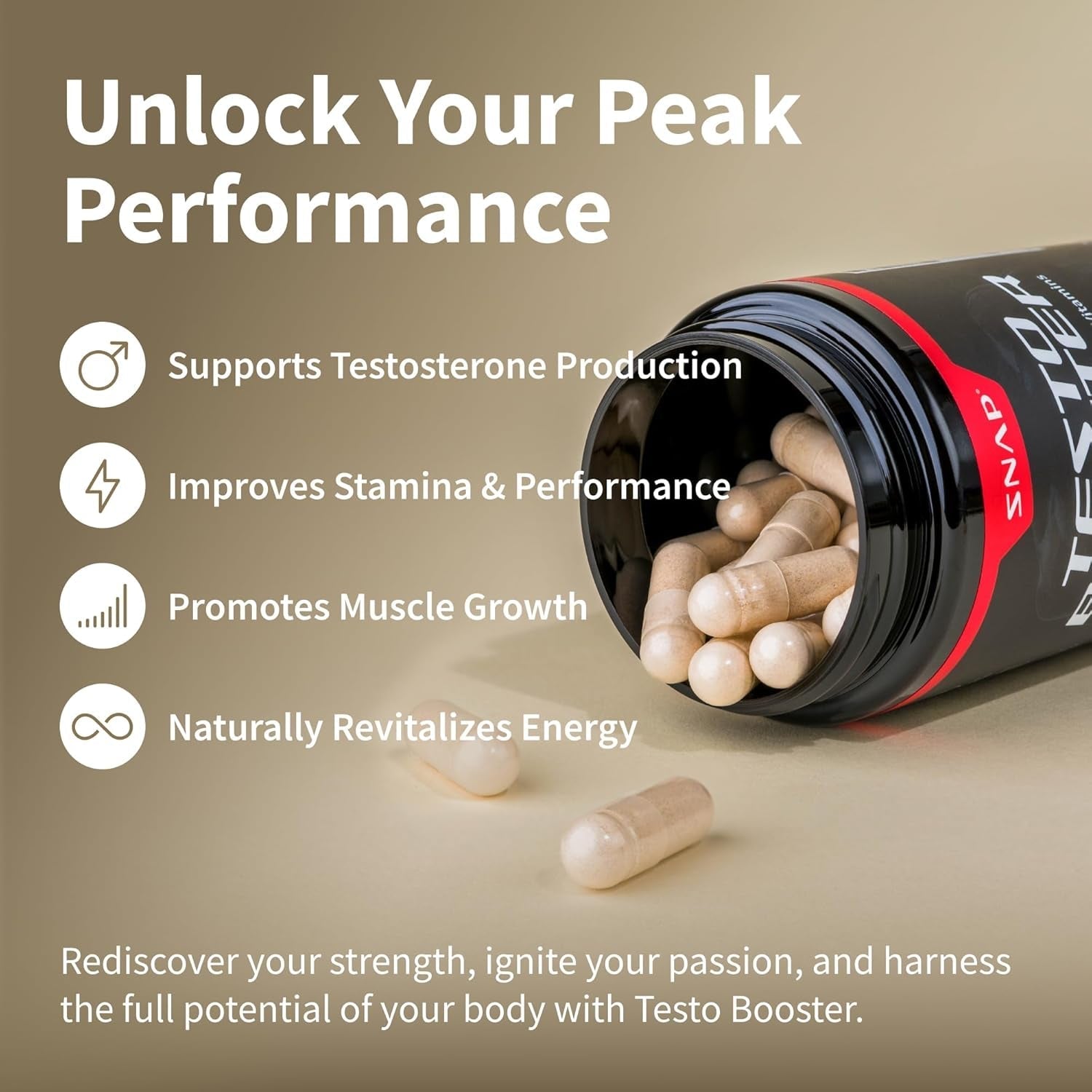 Snap Testosterone Booster for Men - Promotes Muscle Growth, Enhancing Natural Energy, Stamina and Strength 60 Capsules