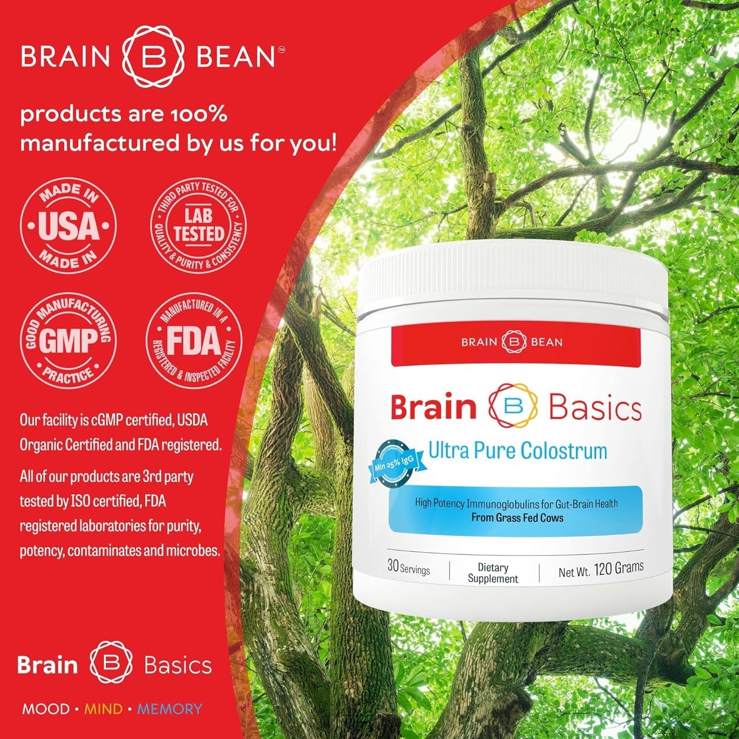 Brain Basics Ultra-Pure Colostrum, 4000Mg for Gut-Brain-Immune Health, Glowing Hair and Skin 120 Grams - 30 Servings