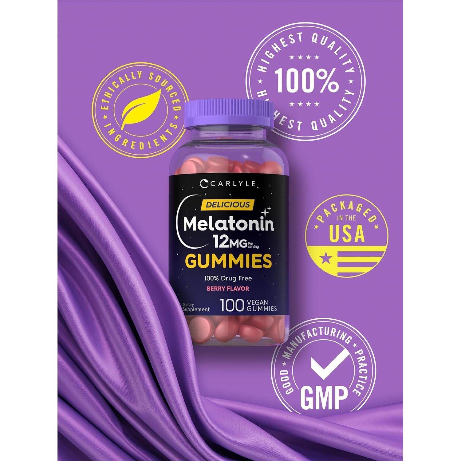 Carlyle Melatonin Gummies 12Mg | 100 Count | Berry Flavor 