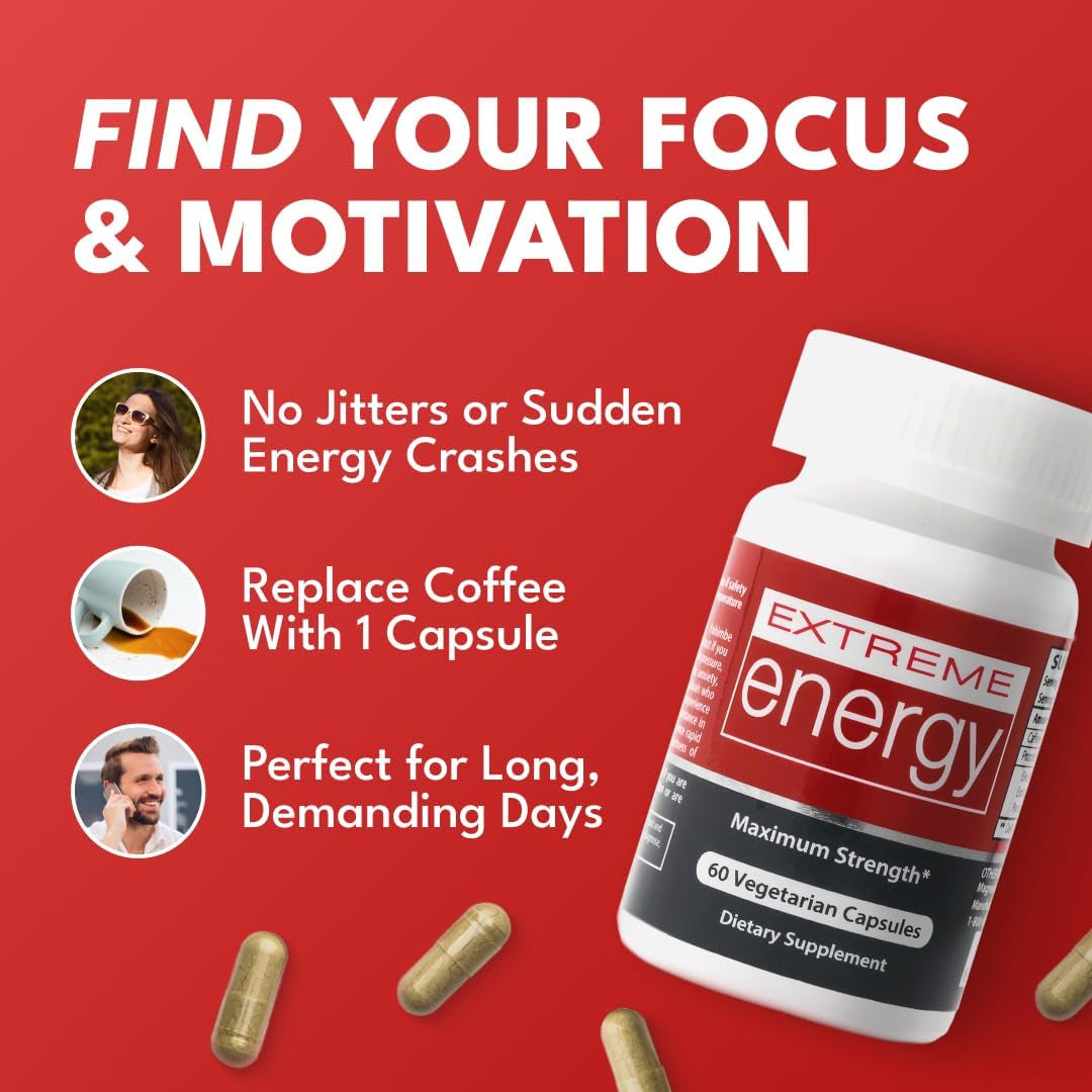 Extreme Energy Pills - Maximum Strength All-Natural Energy Supplements for Fatigue, Focus, Motivation (60 Ct)