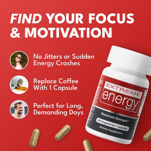 Extreme Energy Pills - Maximum Strength All-Natural Energy Supplements for Fatigue, Focus, Motivation (60 Ct)