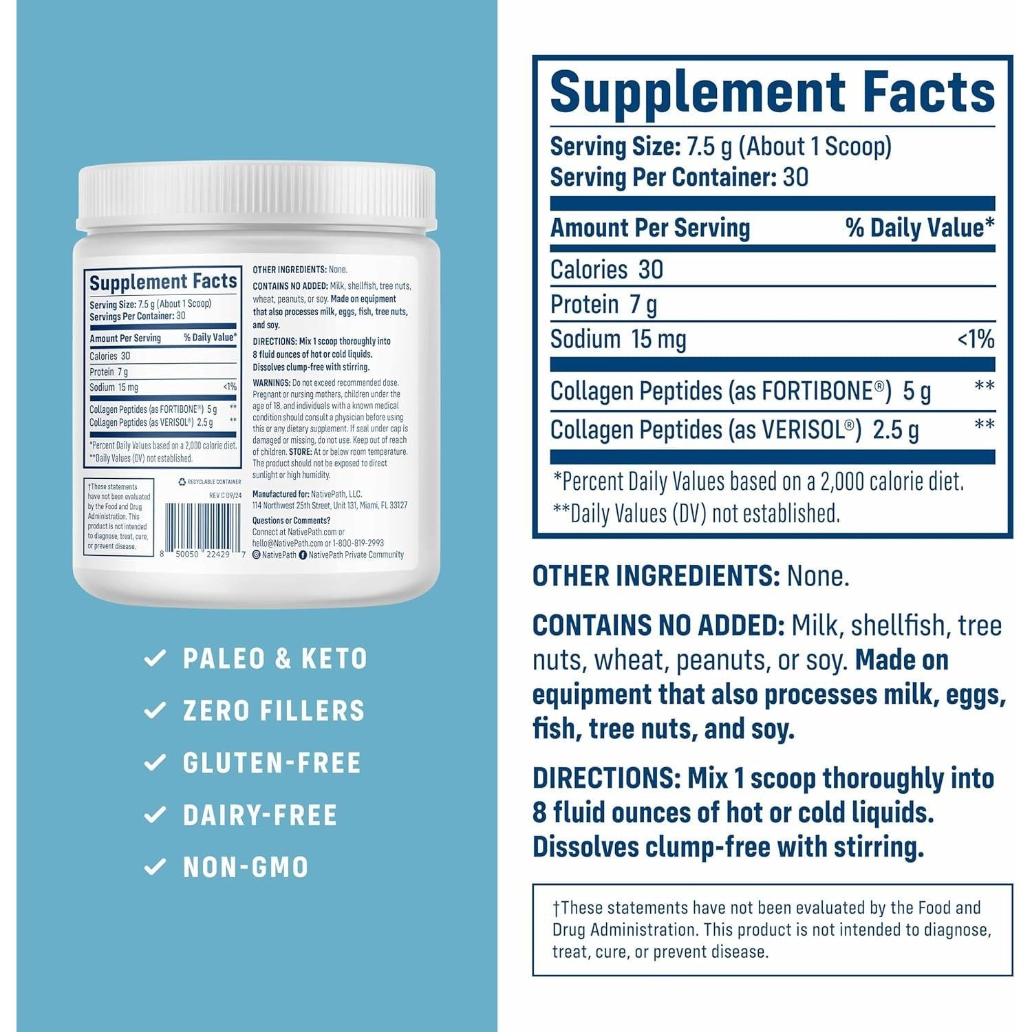 Nativepath Bone Health Collagen Peptides, Type 1 & 3, with Fortibone and Verisol, 7.9 Ounce, 30 Servings