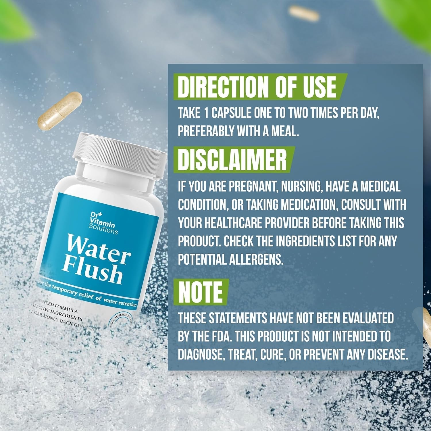 Diuretic Water Pills for Weight Control, 12 Active Ingredients, Instant Relief from Bloat & Swelling - 60 Caps