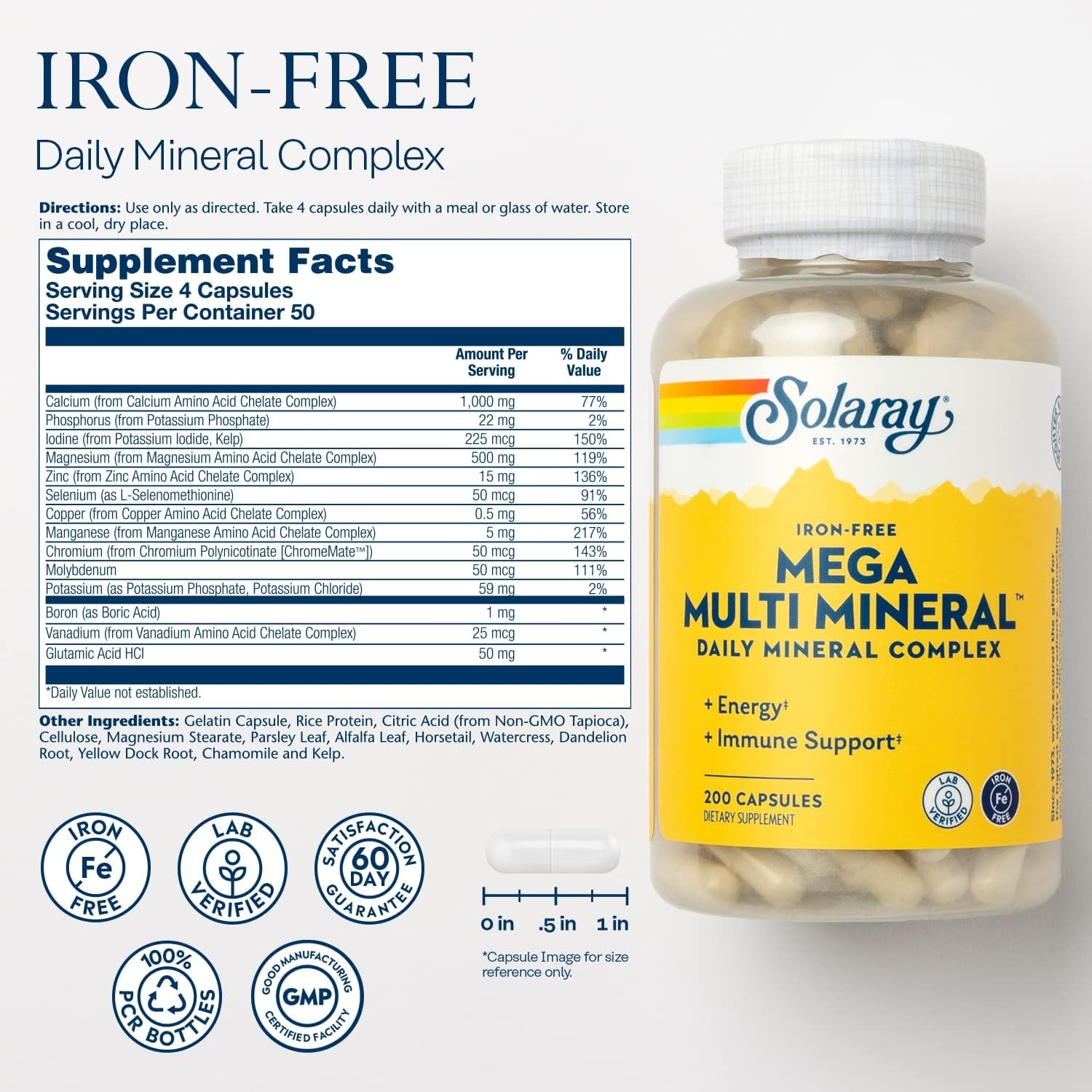 SOLARAY Iron-Free Mega Multi Mineral - Daily Mineral Complex W/Calcium, Magnesium, Zinc and More 50 Servings