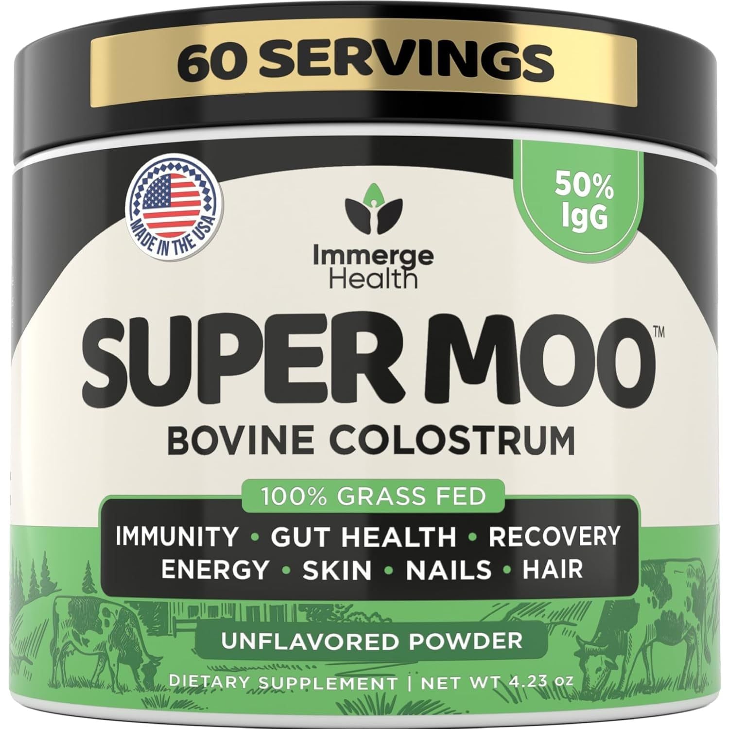 Super MOO Grass Fed Bovine Colostrum Powder for Bloating, Immune, Energy, Gut Health Hair, Skin and Nails 