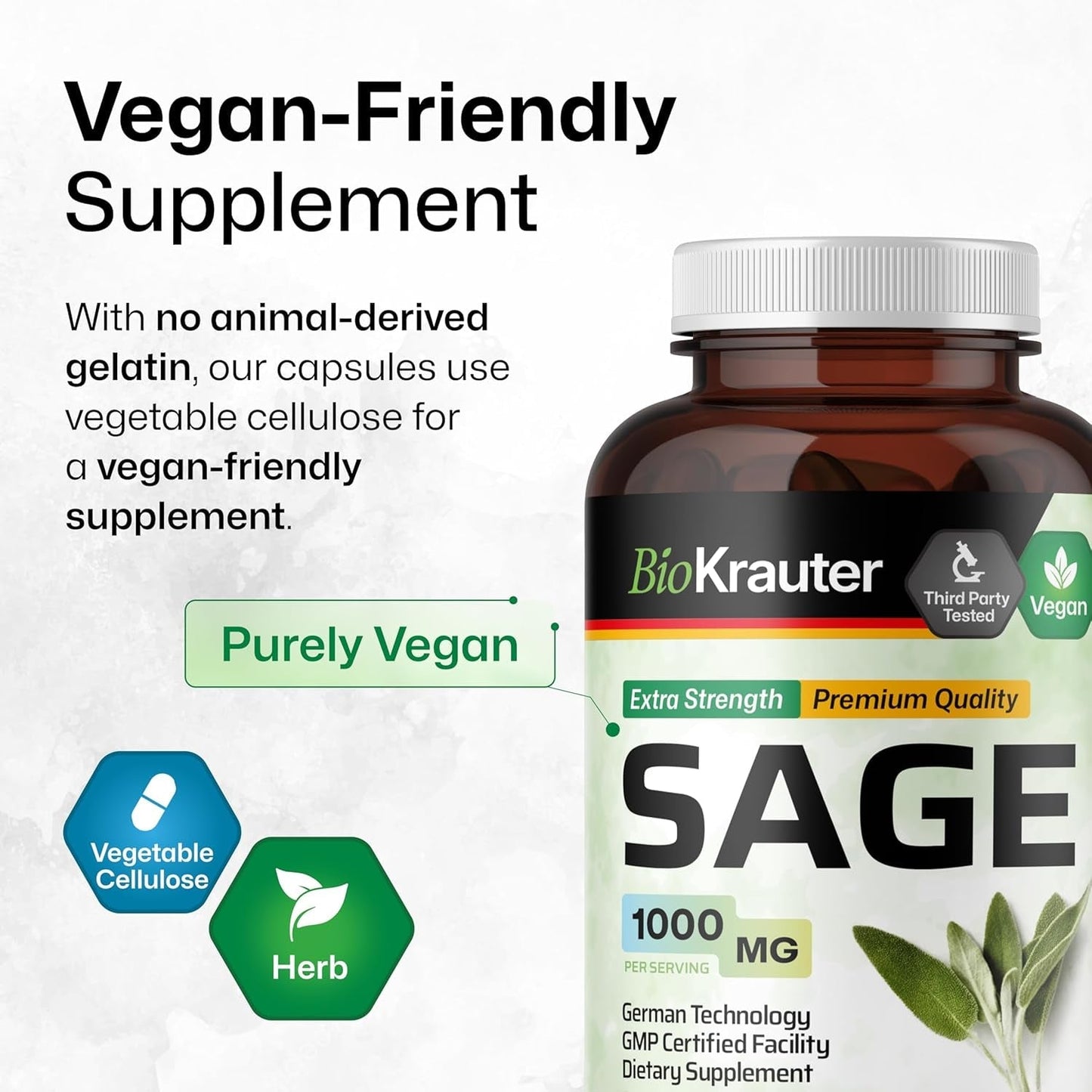 BIO KRAUTER Sage Supplement Capsules 1000 Mg - Immune & Digestive Support (250 Vegan Caps)