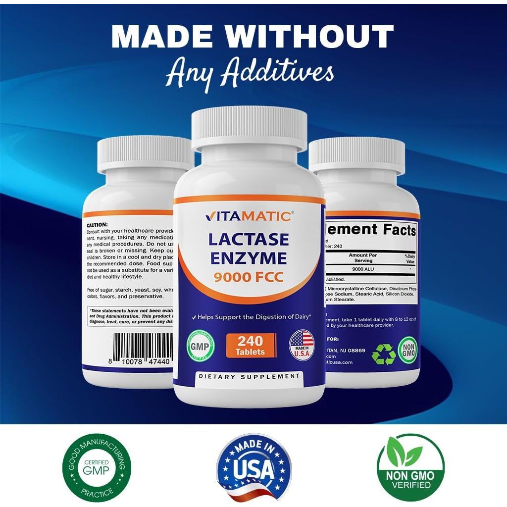 Vitamatic Lactase Enzyme 9000 FCC 240 Tablets - Lactose Intolerance Relief Caplets