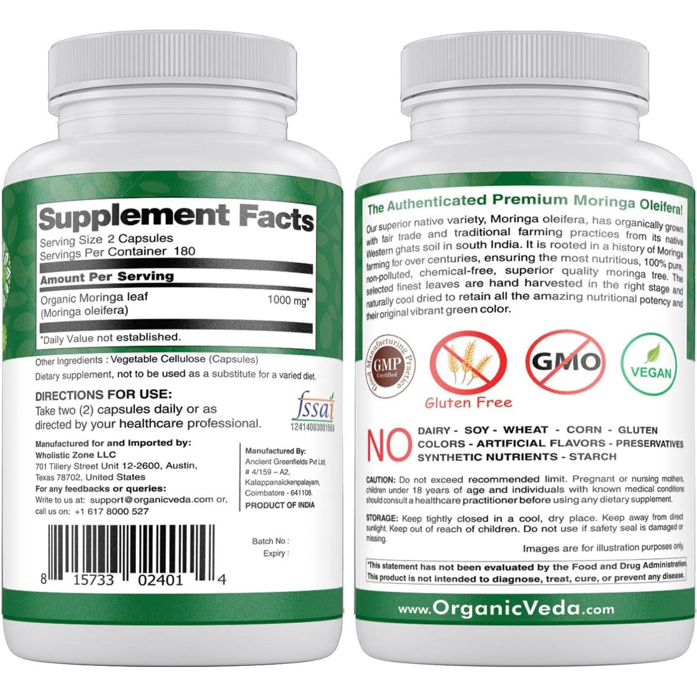 Organic Veda Moringa Leaf Powder Capsules, 1000Mg - Energy, Sleep & Immunity Support 360 Count