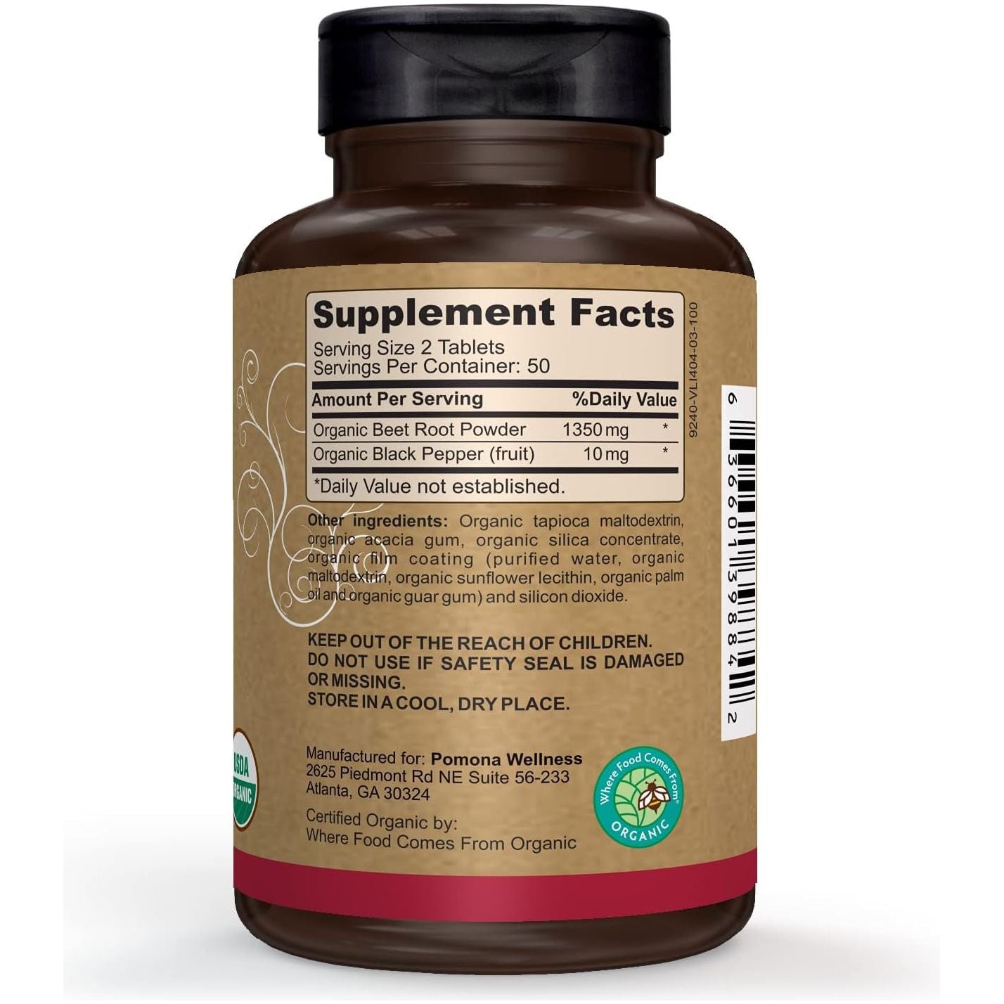 Pomona Wellness Beet Root Supplement Powder 1350Mg for Heart Health, Circulation, Energy & Athletic Performance 100 Tablets