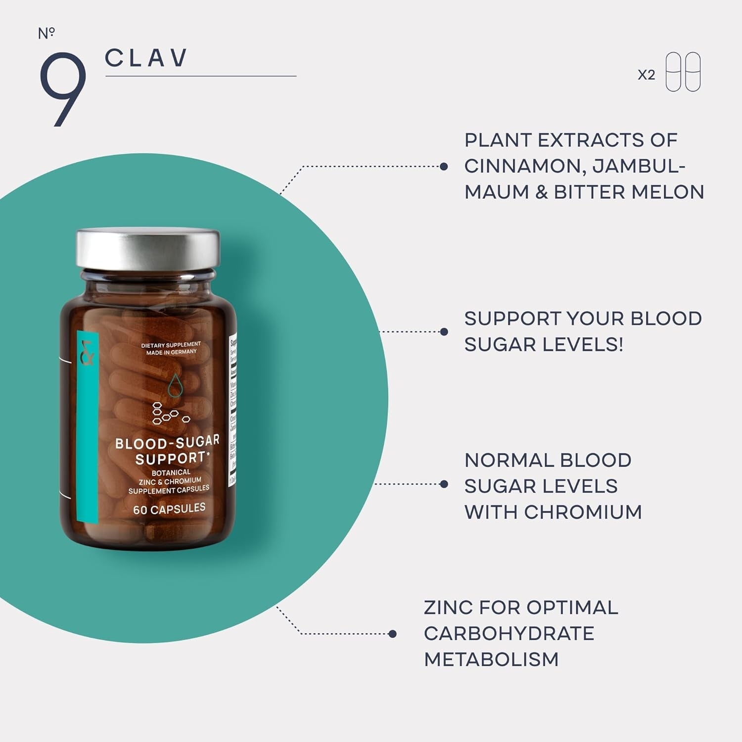 CLAV® N°9 - Cinnamon Extract + Bitter Melon Capsules with Syzygium Cumini, Beta Glucan & Chromium - Vegan - 60 Count