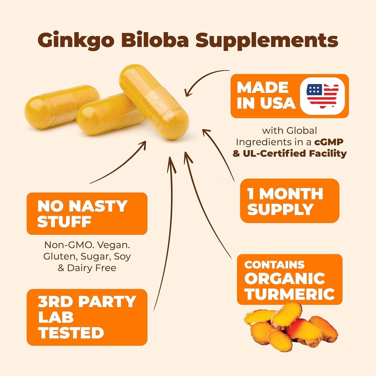 Turmeric Curcumin with Black Pepper and Ginkgo Biloba Supplements to Aid Joint Health, Brain Clarity. 60 Caps