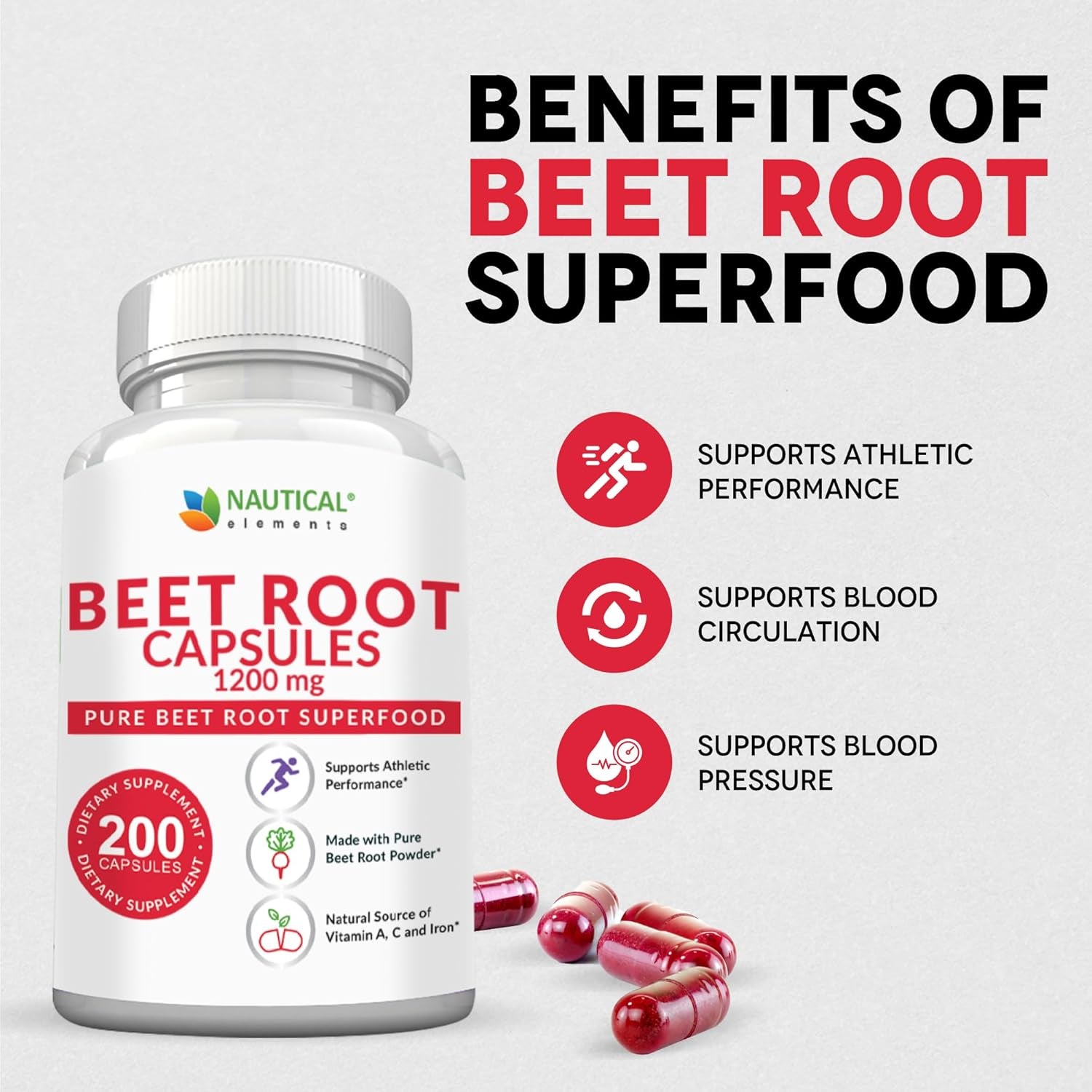 Beet Root Capsules Supports Blood Pressure, Athletic Performance, Digestive, Immune System (1200Mg/200 Capsules)