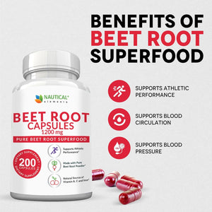 Beet Root Capsules Supports Blood Pressure, Athletic Performance, Digestive, Immune System (1200Mg/200 Capsules)
