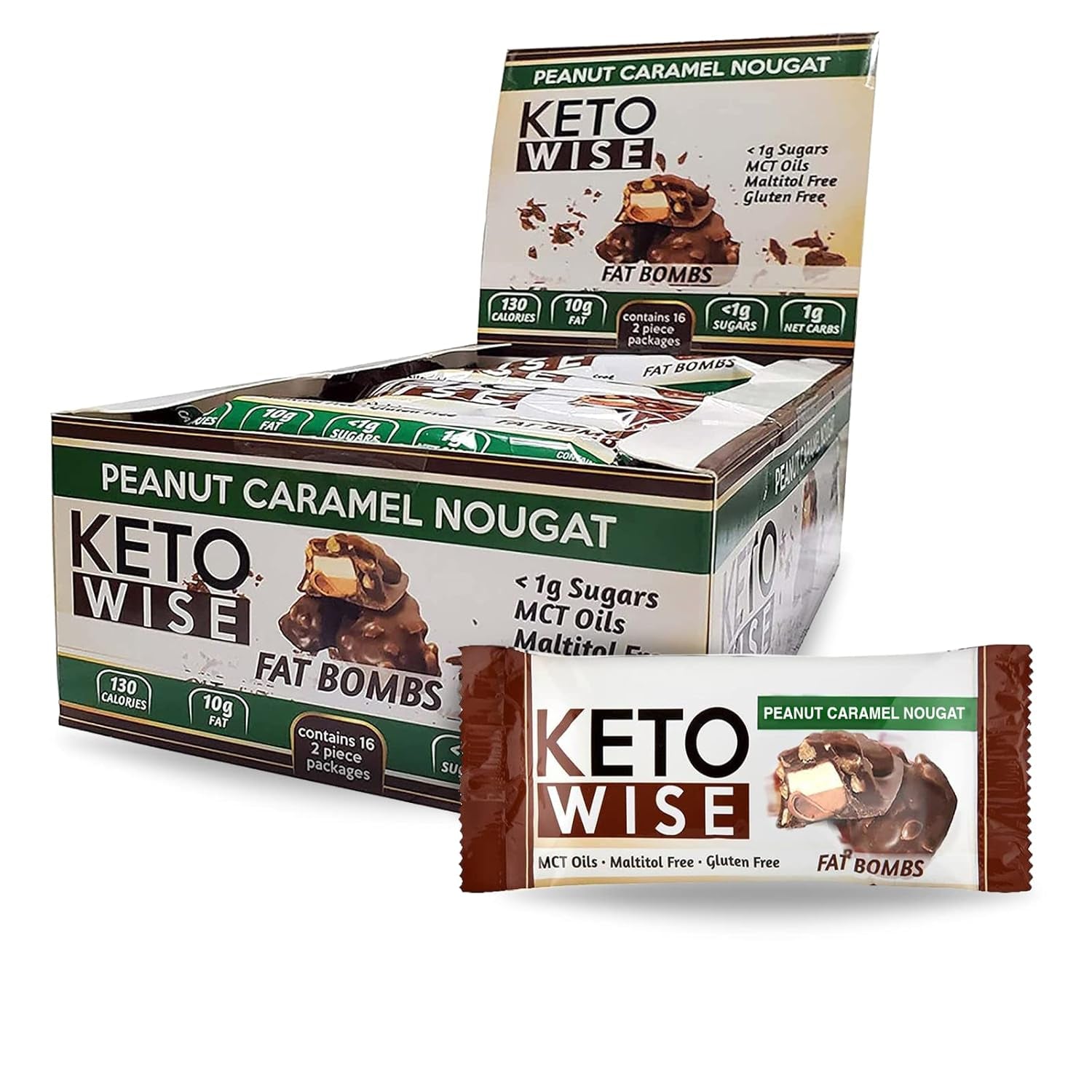 Keto Wise Fat Bombs - Made with Chocolate Containing MCT Oil - 7G Fat, 2G Net Carbs | Peanut Caramel Nougat, Pack of 16
