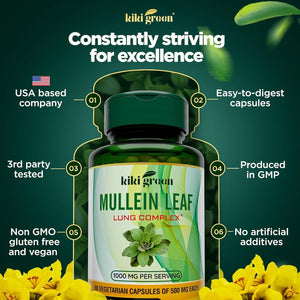 KIKI Green Mullein Leaf Extract Capsules - for Lung Cleanse, Support, Better Respiratory, Immune Function - 1000Mg 45 Servings