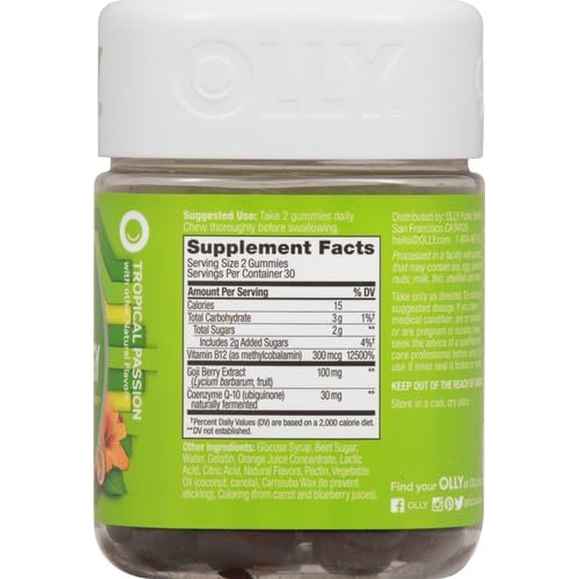 OLLY Daily Energy Gummy, Caffeine Free, Vitamin B12, Coq10, Goji Berry, Adult Chewable Supplement, Tropical Flavor - 60 Count