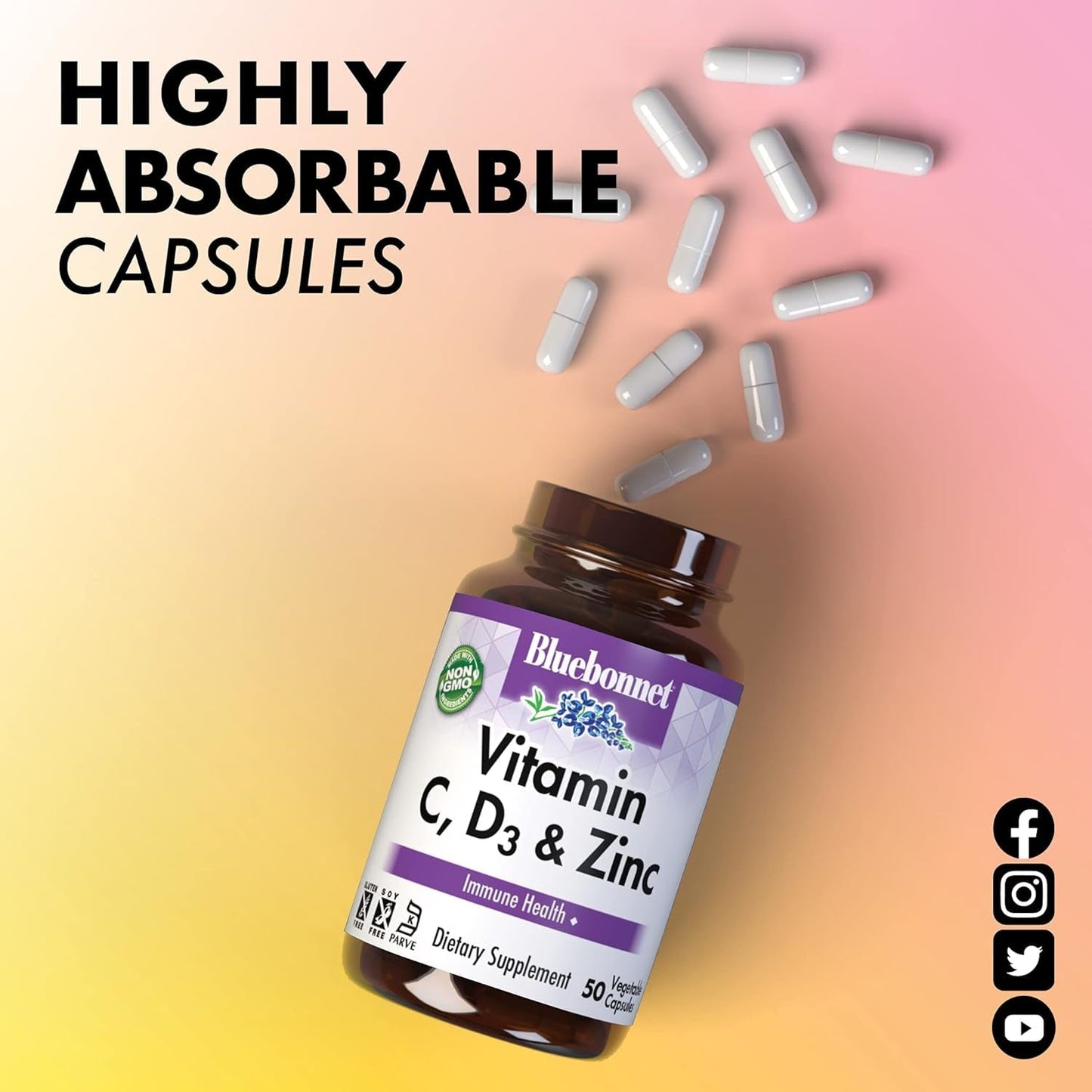 Bluebonnet Nutrition Vitamin C, D3 & Zinc for Immune Health and Respiratory Function, 100 Servings
