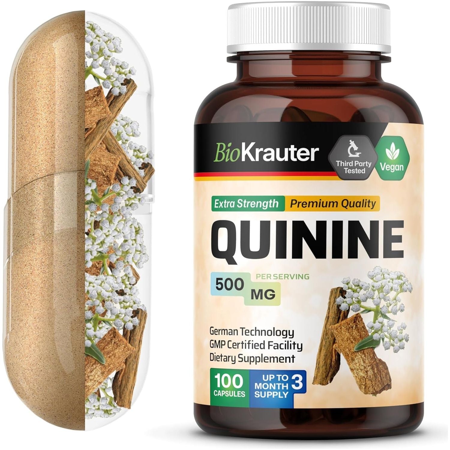 BIO KRAUTER Quinine for Leg Cramps Capsules 500 Mg - 100 Count - Cinchona Bark Powder - Quinine Capsules - Vegan, No Fillers
