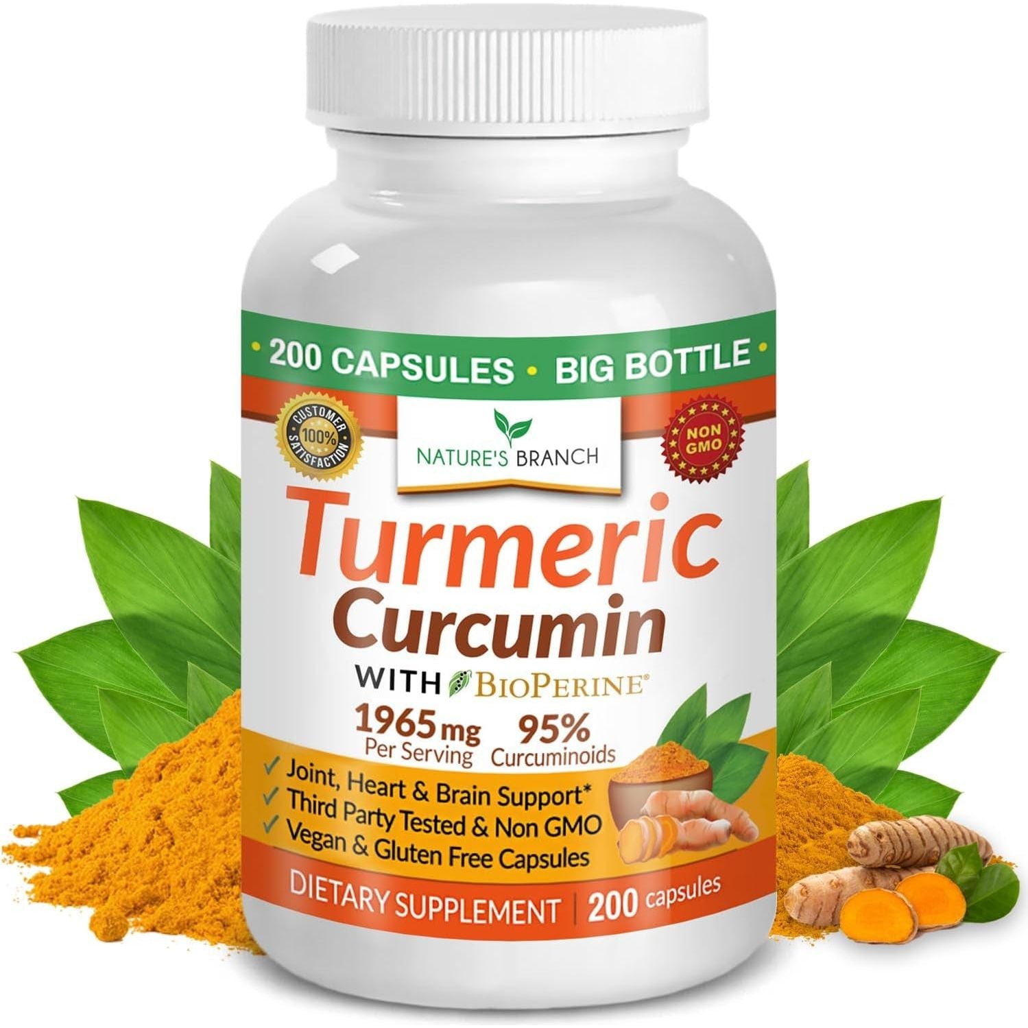 Turmeric Curcumin with Black Pepper Extract - Organic Powder - Joint Support Supplement, Made in USA - (200 Capsules/1965Mg )