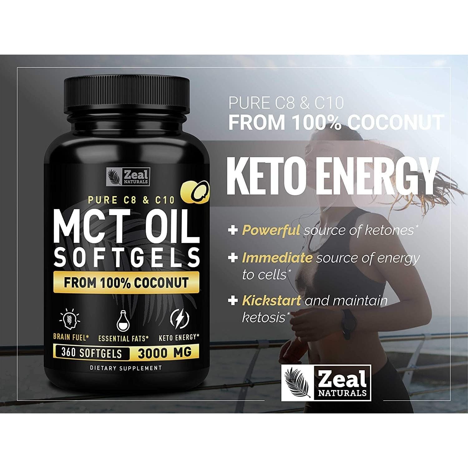 Pure MCT Oil Capsules (360 Softgels | 3000Mg) 4 Month Supply Keto Pills W Unrefined Coconut - C10 & C8 Brain Fuel, Energy, Octane Ketosis