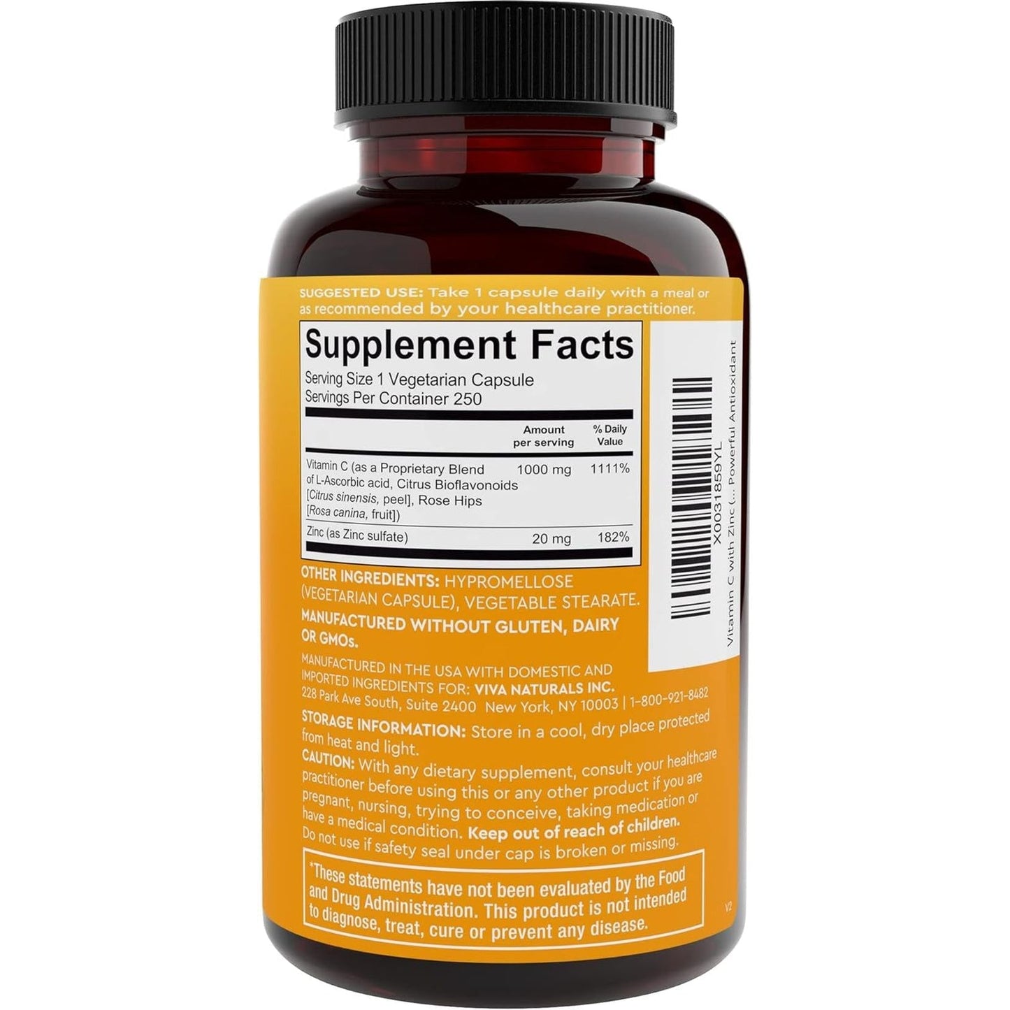 Viva Naturals Vitamin C and Zinc Supplement - Antioxidant Supplements for Immune Support for Adults (250 Capsules)