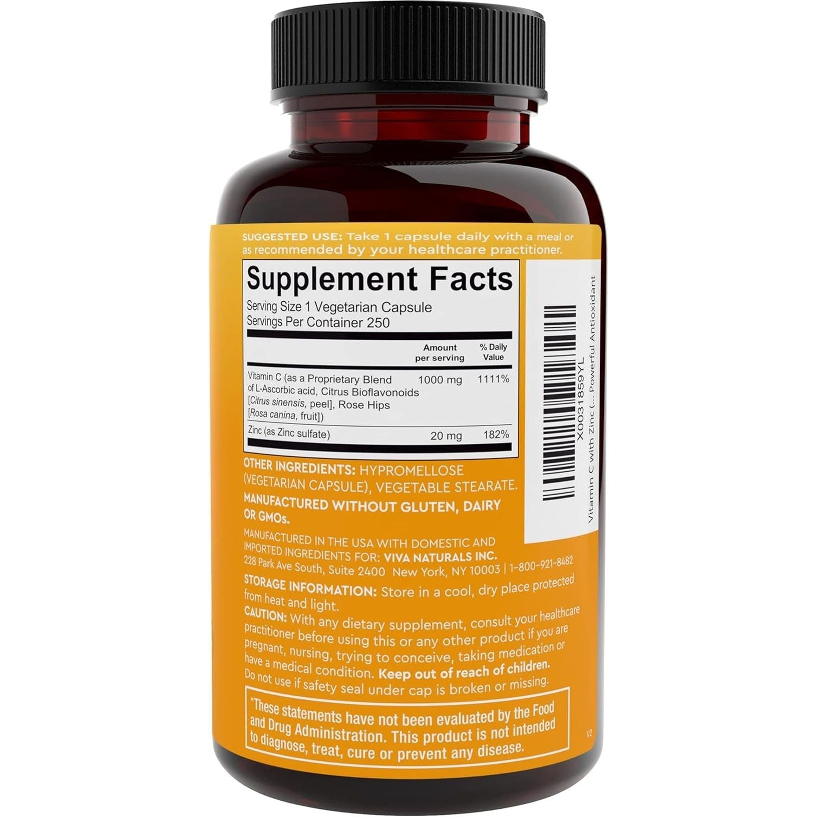 Viva Naturals Vitamin C and Zinc Supplement - Antioxidant Supplements for Immune Support for Adults (250 Capsules)