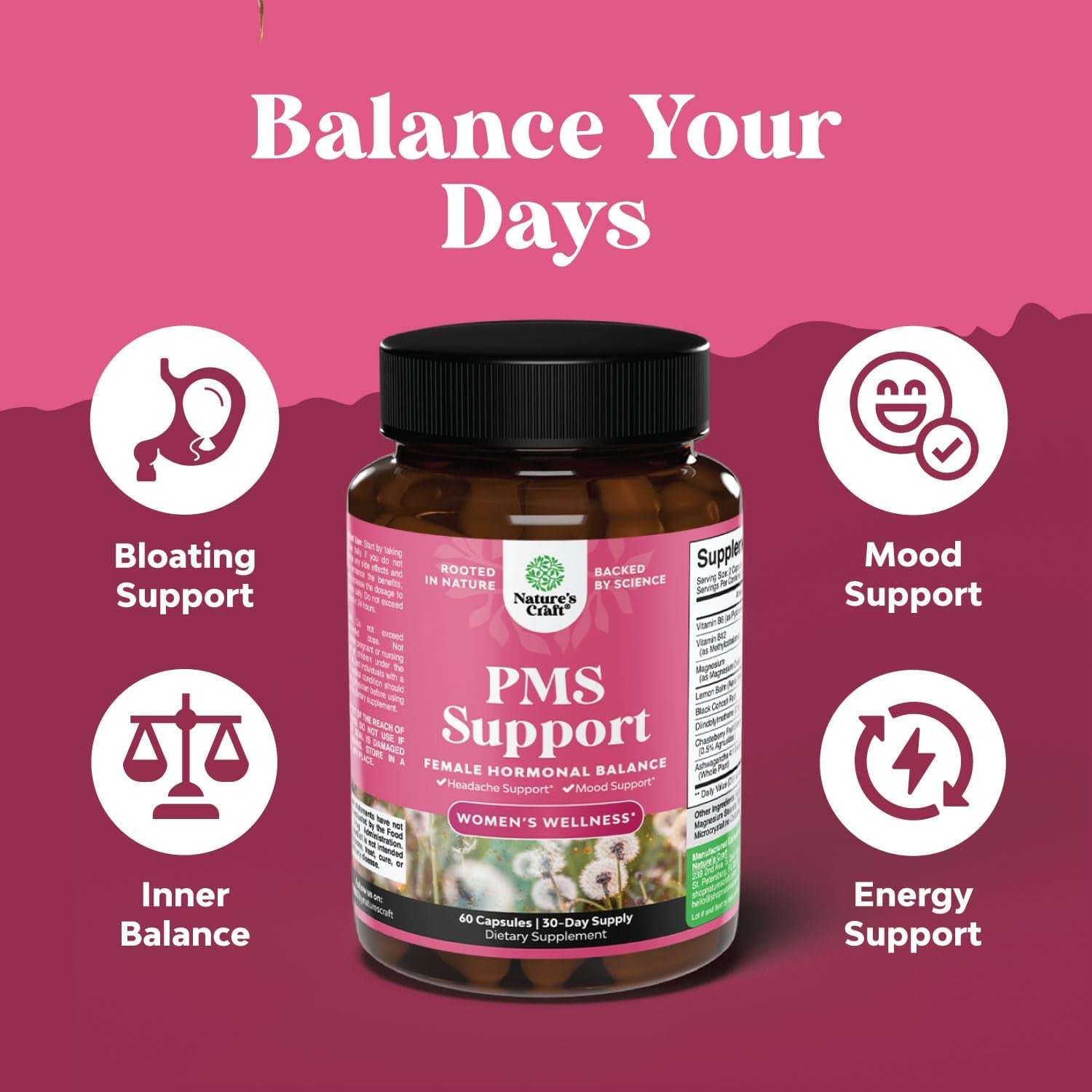 PMS Support Supplement for Women - for Period Cramps Relief, Menopause Bloating, Mood Swing – 60 Capsules