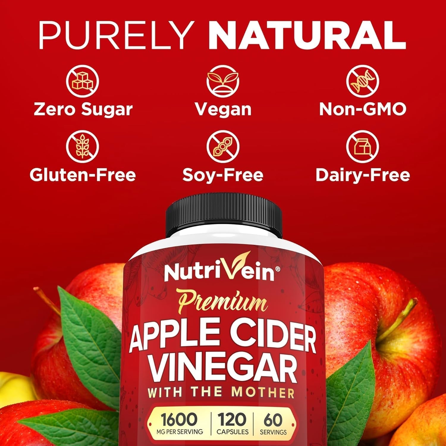 Nutrivein Apple Cider Vinegar Capsules with Mother - 1600Mg - Supports Healthy Diet, Digestion, Keto, Cleanser 120 Pills