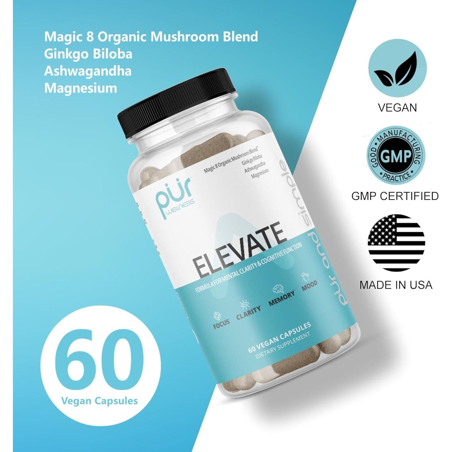 PUR Wellness Elevate Nootropic Brain Supplement for Focus, Clarity, Memory and Mood