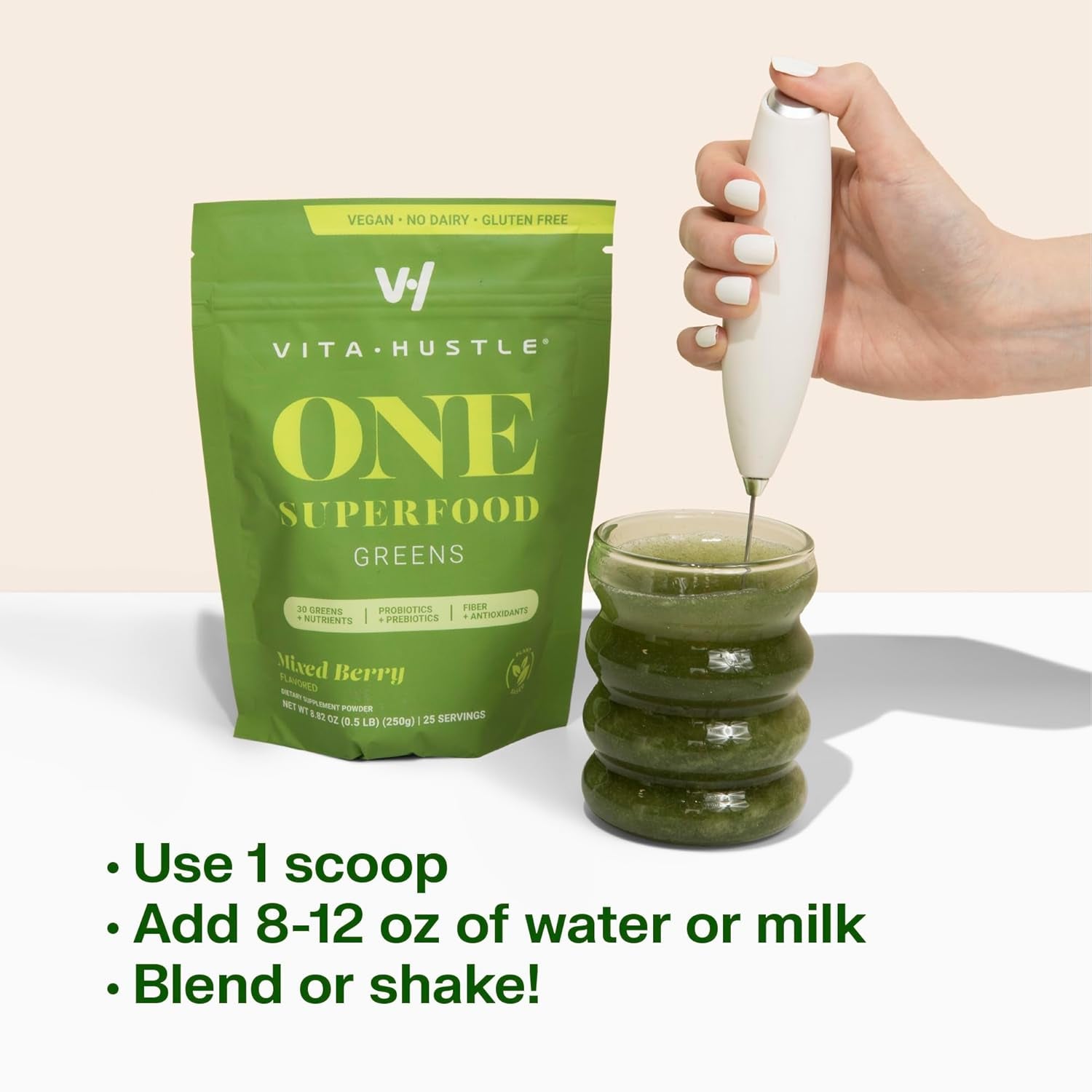 Vitahustle ONE Superfood Super Greens Powder with Prebiotics + Probiotics, Reduce Bloating, Detox, Gut Health (25 Servings)